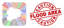 Vector Collage Andorra Map Of Different Icons And Caution Flood Area Badge. Collage Andorra Map Created As Carved Shape From Rounded Square Shape. Red Round Watermark With Caution Flood Area Text.