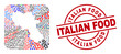 Vector mosaic Campania region map of different icons and Italian Food seal stamp. Mosaic Campania region map constructed as stencil from rounded square. Red round seal with Italian Food tag.