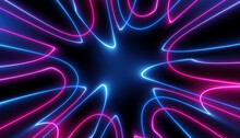 Neon Blue And Pink Wavy Futuristic Rippling Glow Light Lines In Abstract On Black Background With Space For Text Or Logo