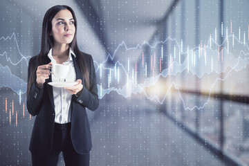 Poster - Attractive young european businesswoman with coffe cup standing in blurry office interior with glowing forex coding hologram. Success and trade concept. Double exposure.