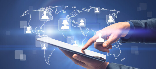 Poster - Close up of hands using tablet with glowing map and people icons. Social media and online recruiting concept. Double exposure.