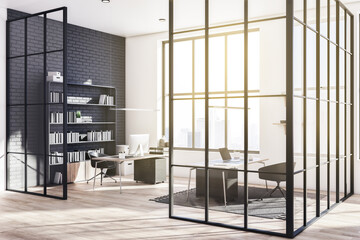 Poster - Designer glass office interior with panoramic city view, sunlight and large bookshelf. 3D Rendering.