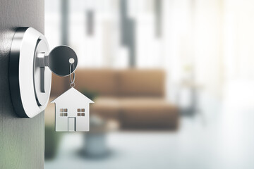 Aufkleber - Opening door with silver house key chain on blurry room background and mock up place for your advertisement. Home purchase concept. 3D Rendering.