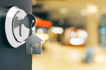 Aufkleber - Opening door with silver house key chain on blurry office background and mock up place for your advertisement. Home purchase concept. 3D Rendering.