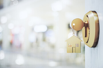Aufkleber - Opening door with golden house key chain on blurry office background and mock up place for your advertisement. Home purchase concept. 3D Rendering.