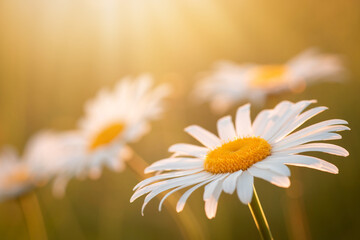 Canvas Print - Daisy flowers under the warm yellow sun rays on the meadow in the evening. Summer field in blossom, close up, copy space.