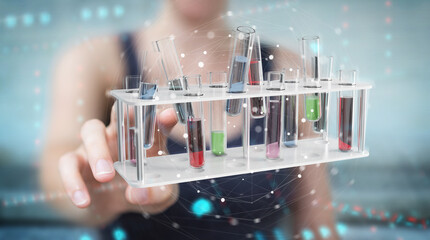 Leinwandbilder - Woman holding and touching medical analysis in tubes samples 3D rendering