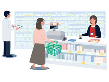 ドラッグストアで買い物をする女性と対応する女性店員と棚をチェックする薬剤師の男性のベクターイラスト