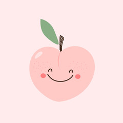 Poster - Cute cartoon peach with green leaf on pink background vector illustration.