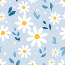 Seamless Pattern With Daisy Flower And Leaves On Blue Background Vector Illustration.