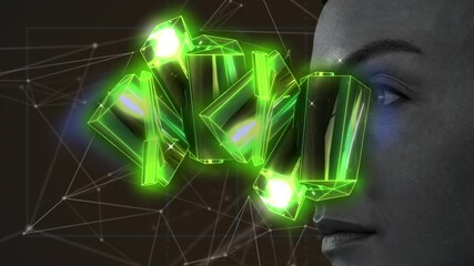 Poster - 3d green glowing shapes against close up of woman and network of connections on black background