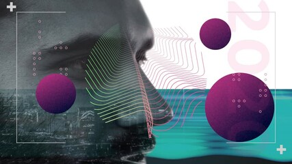 Poster - Animation of monochrome male face with purple spheres and kinetic shape over cityscape and blue band