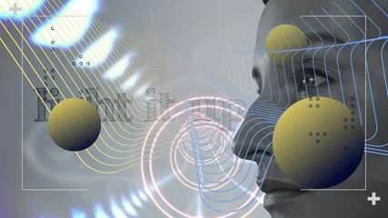 Poster - Colorful abstract shapes over side view of a woman against light it up text on grey background