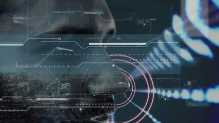 Poster - Data processing over glowing tunnel over cityscape against close of a caucasian man