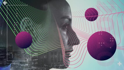 Poster - Colorful abstract shapes over side view of a woman against digital waves in background