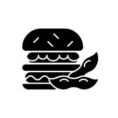 Sticker - Soy burger black glyph icon. Patty made from organic vegetables. Vegeterian type of popular foods. Healthy sybeans based meals cooking. Silhouette symbol on white space. Vector isolated illustration