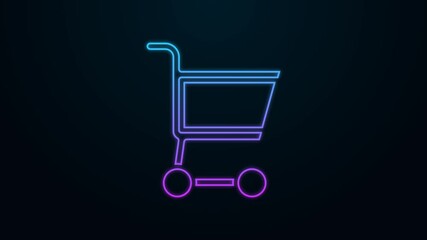 Wall Mural - Glowing neon line Shopping cart icon isolated on black background. Online buying concept. Delivery service sign. Supermarket basket symbol. 4K Video motion graphic animation