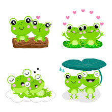 Set Of Cute Couple Frogs In Love.