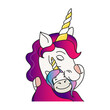 Little unicorn-baby hugs unicorn-mother. Cute vector illustration isolated on white background. Happiness and love concept. Best mother ever