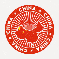 Wall Mural - China round stamp. Logo of country with flag. Vintage badge with circular text and stars, vector illustration.