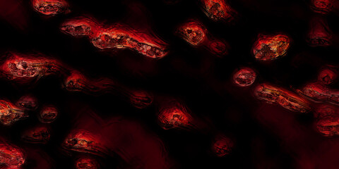 Trippy and distorted red flame 3D shapes with light diffraction effect in psychedelic vapor wave style on black background, pattern liquid swirl	