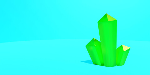 3 d render the scene with green crystals on blue background. 