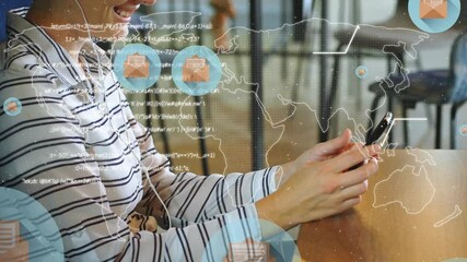 Poster - Animation of digital icons and world map over woman using smartphone