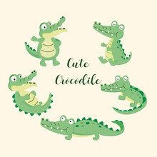 Set Of Cute Crocodile Cartoon.