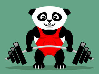 Canvas Print - Panda bear with a barbell on a green background.