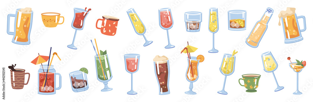 Glasses and cups with drinks and beverages, isolated coffee and tea. Champagne and sparkling wine, beer and pale ale, cocktail and cognac, brandy and whiskey rum with lime. Flat cartoon vector - obrazy, fototapety, plakaty 