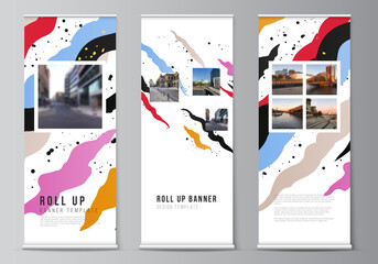 Wall Mural - Vector layout of roll up mockup design templates for vertical flyers, flags design templates, banner stands, advertising design mockups, agency, corporate, business, portfolio, pitch deck, startup.