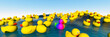 Standing out from the crowd and being different concept with plastic ducks in the ocean 3d render