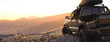 Modern off road truck in a remote location enjoying the sunset 3d render