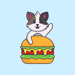  Cute cat eating burger. Animal cartoon concept isolated. Can used for t-shirt, greeting card, invitation card or mascot. Flat Cartoon Style