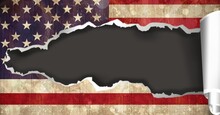 Composition Of Torn American Flag With Ripped Section Missing, Revealing Dark Grey Background