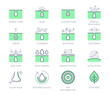 Cosmetic properties line icons. Vector illustration include icon - whitening, acne, moisturizing, cosmetic, gel, pimple, outline pictogram for skincare product. Green color, Editable Stroke