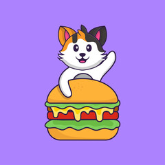  Cute cat eating burger. Animal cartoon concept isolated. Can used for t-shirt, greeting card, invitation card or mascot. Flat Cartoon Style