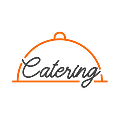 Poster - Logo con palabra Catering en caligrafía en bandeja de comida con tapadera con lineas de color gris y naranja