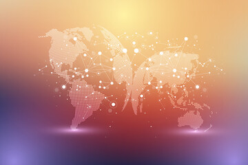 Aufkleber - World map point with global technology networking concept. Digital data visualization. Lines plexus. Big Data background communication. Scientific illustration.