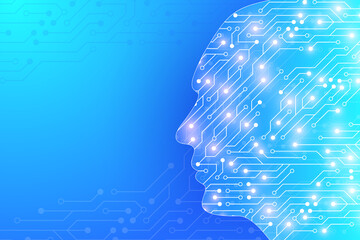 Poster - Artificial Intelligence and Machine Learning illustration Concept. Human head outline with brain, illustration