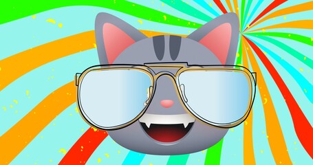 Composition of cat in glasses over vibrant stripes in background