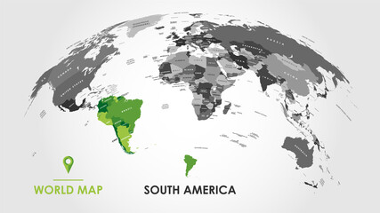 Detailed global world map, with borders and names of countries, seas and oceans, Continent of South America in colors, vector illustration