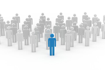 Leadership concept, blue leader man, standing out from the crowd, on white background. 3D Rendering