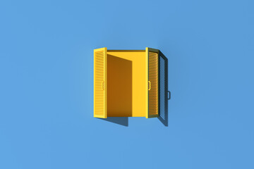 Poster - Minimal scene of yellow window on blue wall background. 3d rendering.
