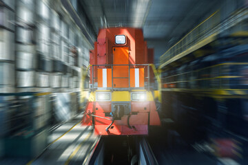 Poster - The electric train is going through the tunnel. railway. freightage