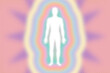 Retro feel peachy pink rainbow aura layers, energy field with human figure  - grainy, high resolution background