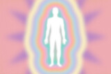 Fototapeta Przestrzenne - Retro feel peachy pink rainbow aura layers, energy field with human figure  - grainy, high resolution background