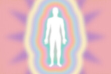 Retro Feel Peachy Pink Rainbow Aura Layers, Energy Field With Human Figure  - Grainy, High Resolution Background