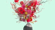 Woman With Red Flowers Head. Concept Painting Of Freedom And Love, Surreal Artwork, Conceptual Illustration, Rose