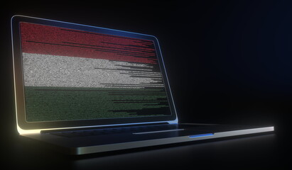 Open laptop and computer code on the screen composing flag of Hungary. Modern information technology related 3d rendering